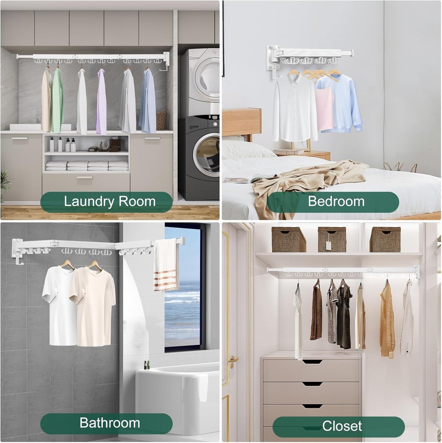 Wall Mounted Clothes Drying Rack, Laundry Drying Rack Wall Mount, 3-Fold Drying Rack Clothing, Foldable Clothes Drying Rack with 12 Dual Hooks Organization for Laundry Room Indoor - White - NestledHome