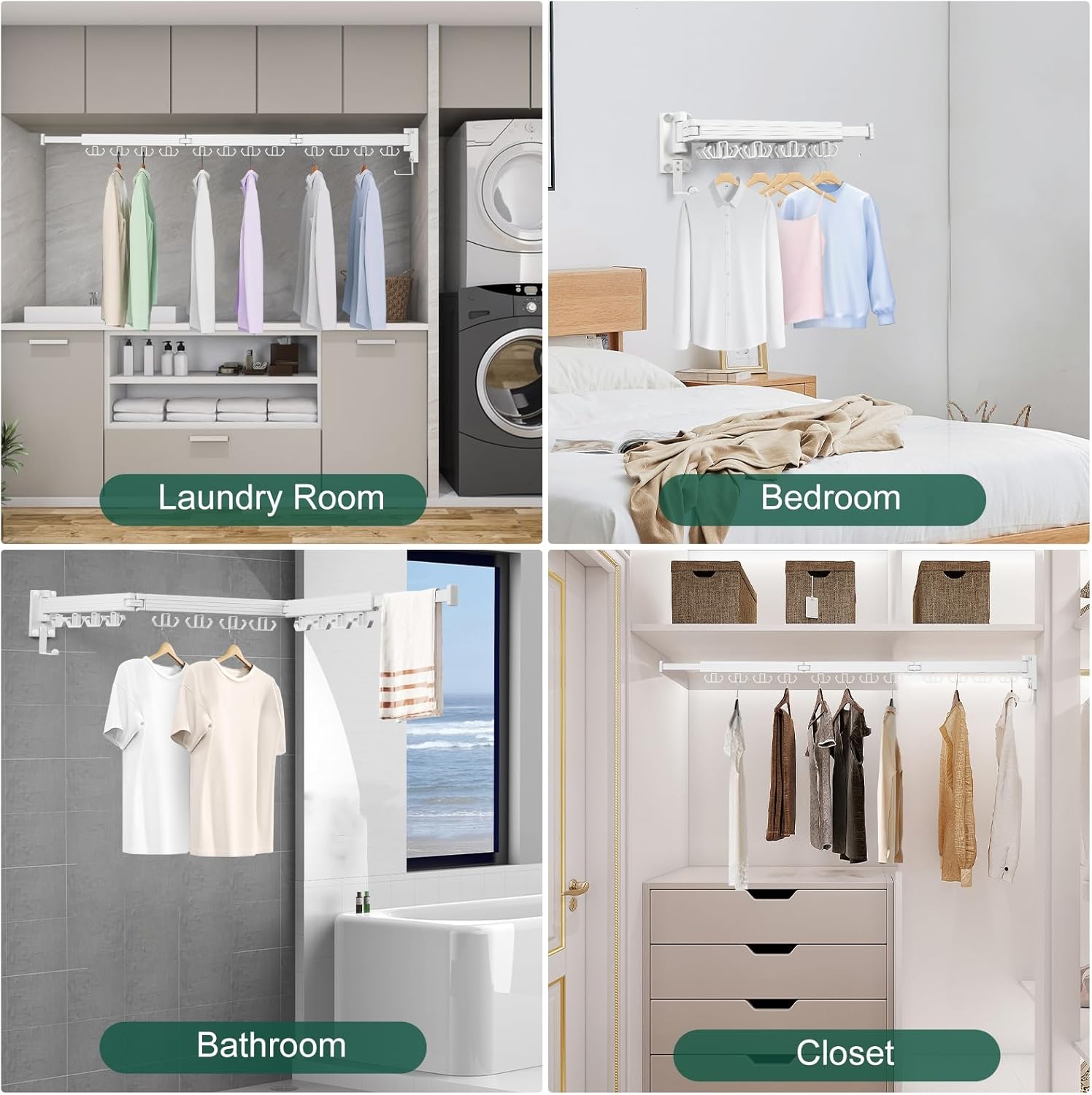 Wall Mounted Clothes Drying Rack, Laundry Drying Rack Wall Mount, 3-Fold Drying Rack Clothing, Foldable Clothes Drying Rack with 12 Dual Hooks Organization for Laundry Room Indoor - White - NestledHome