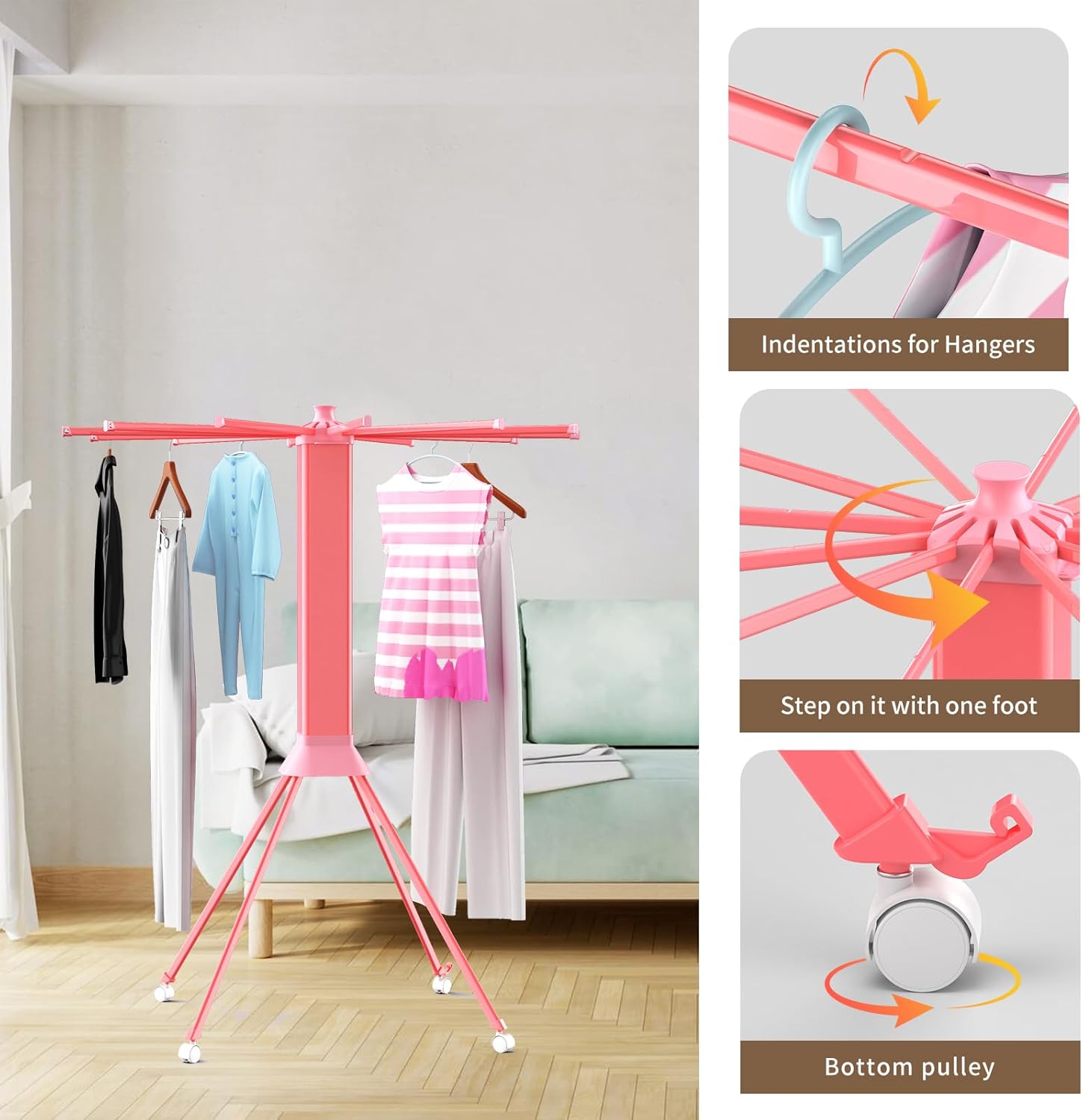 Clothes Drying Rack Foldable & Collapsible Drying Racks with 4-Leg Octopus Design, Large Capacity Space Saving Indoor Drying Rack for Bedroom,Balcony,Laundry for Indoor/Outdoor Use（Pink） - NestledHome