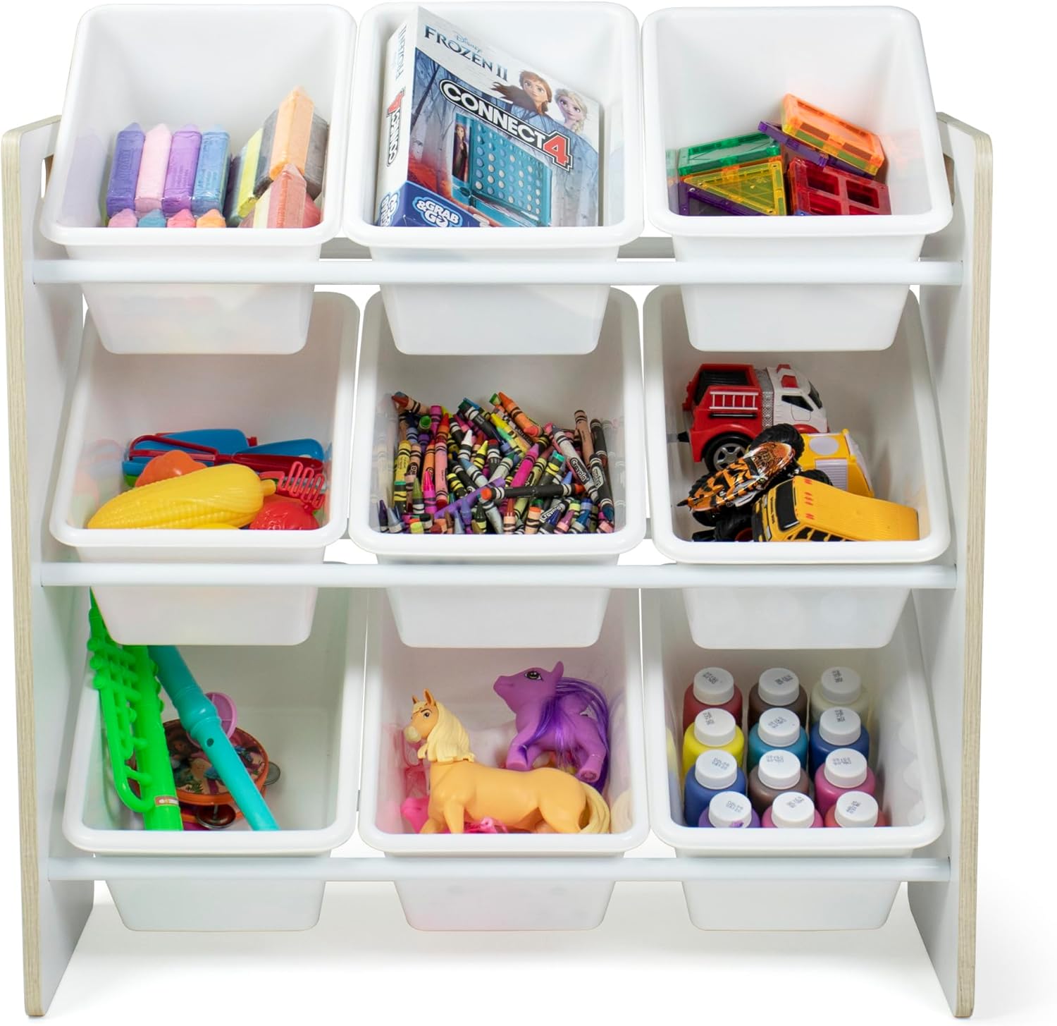 Humble Crew 9-Bin Toy Organizer – Hampton Sandwashed with White Plastic Bins, 3-Tier Storage Solution for Kids' Playrooms and Nurseries - NestledHome