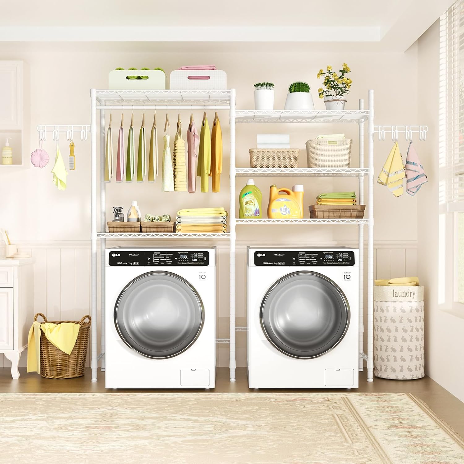 Ulif U6 Clothes Drying Rack, 5-Tier Over Washer and Dryer Laundry Room Storage and Organizer, Heavy-Duty Space Saver, 65.3" W x 13.4" D x 77.5" H, White - NestledHome