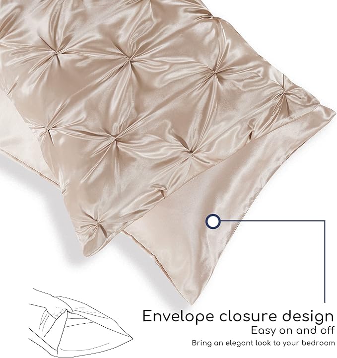 MR&HM Satin Comforter Full 7 Pieces - Luxurious Pinch Pleat Bedding Set with Comforter, Flat Sheet, Fitted Sheet, Pillowcases & Shams, Super Silky Soft Bed Set for All Season (Full, Champagne)
