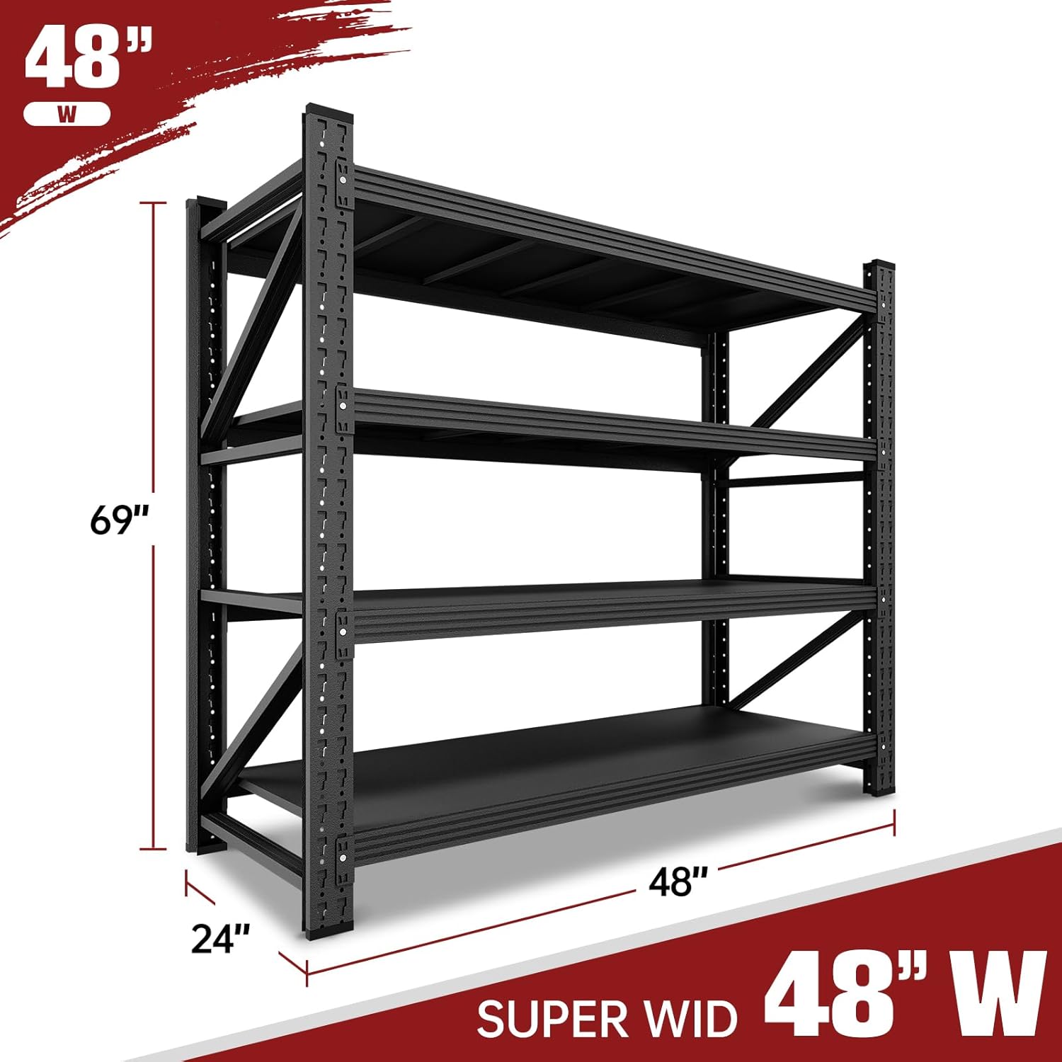 3000LBS Storage Shelves,48" W Garage Shelving Heavy Duty Metal Adjustable Garage Shelves, Shelving Units Industrial Shelving for Warehouse,48" W x 24" D x 69" H,Black - NestledHome