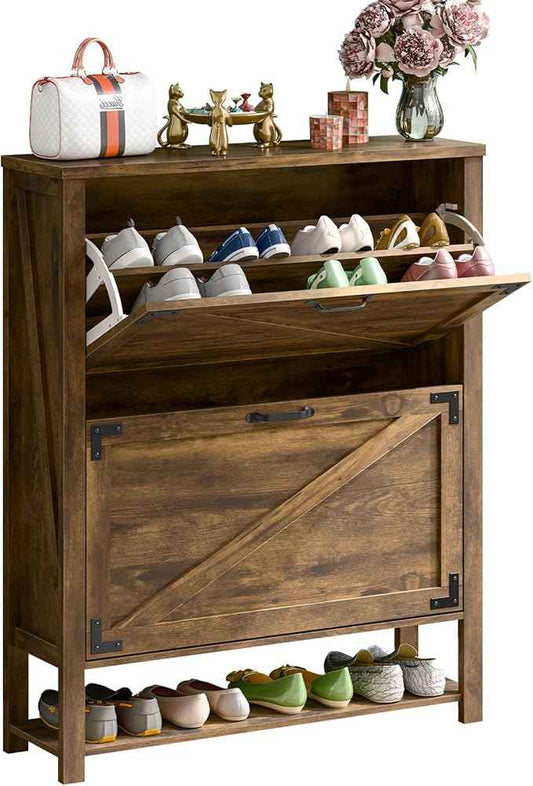 Vabches Shoe Storage Cabinet, 5-Tier Farmhouse Freestanding Organizer with 2 Flip Drawers, Wooden Shoes Rack Cabinets Storage Organizer with Doors for Entryway, Hallway, Closet, Rustic Brown