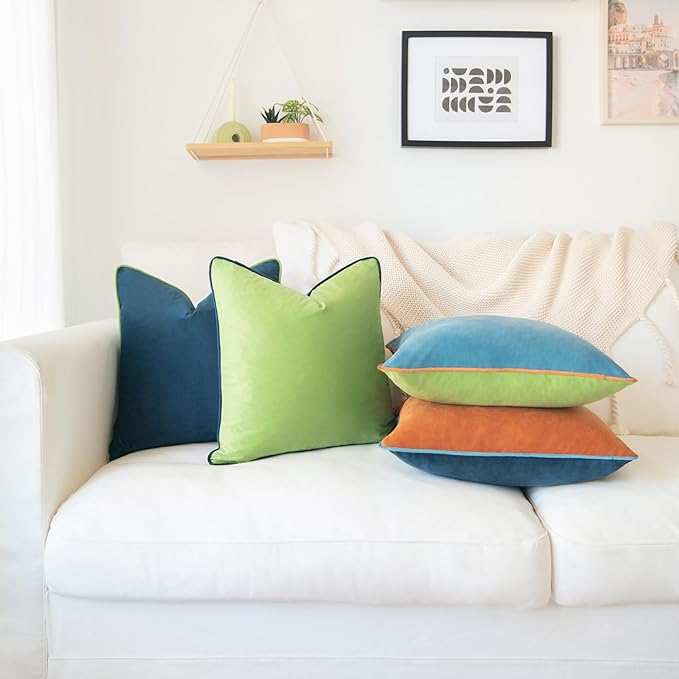 MONDAY MOOSE Decorative Throw Pillow Covers Cushion Cases, Set of 4 Soft Velvet Modern Double-Sided Designs, Mix and Match for Home Decor, Pillow Inserts Not Included (18x18 inch, Blue/Orange)