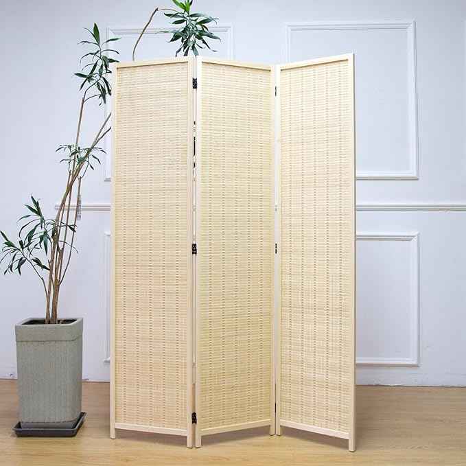 3 Panel Room Divider and Folding Panel Screen,Bamboo Panel Divider Screen for Room Separation,Beige,67" H x 46" W