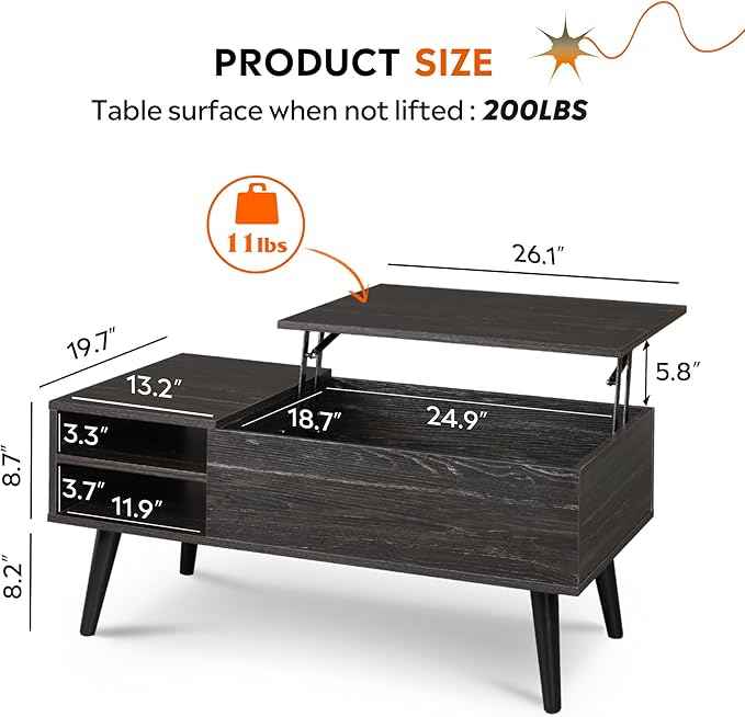 WLIVE Wood Lift Top Coffee Table with Hidden Compartment and Adjustable Storage Shelf, Lift Tabletop Dining Table for Home Living Room, Office, Charcoal Black