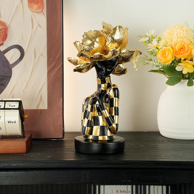 African Woman Sculpture with Golden Flower Headpiece – Black and Gold Resin Figurine for Home Decor, Elegant African Lady Statue, Modern Ethnic Art Ornament, Gift for Women