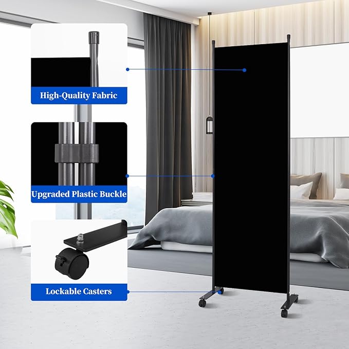 Room Divider 6FT Room Partition with Lockable Wheels, (Thicked Metal Base) Room Dividers, Freestanding Indoor Folding Privacy Screens, Portable Fabric Wall Divider for (Black, 21.5"- 1 Panel)
