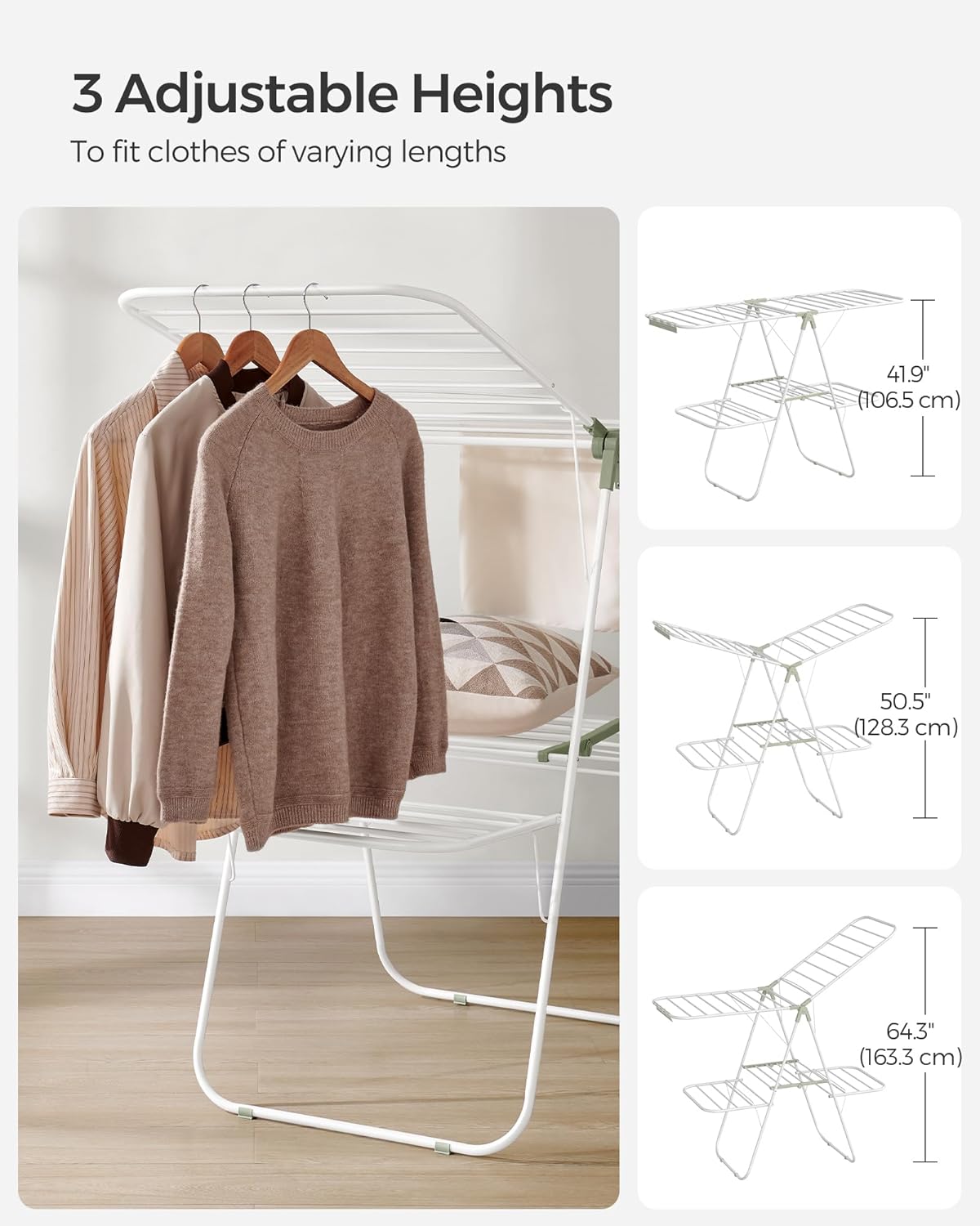 SONGMICS Clothes Drying Rack, Foldable 2-Level Laundry Drying Rack, Free-Standing Laundry Airer, with Height-Adjustable Wings, 33 Drying Rails, Sock Clips, White and Green ULLR053C01V1 - NestledHome