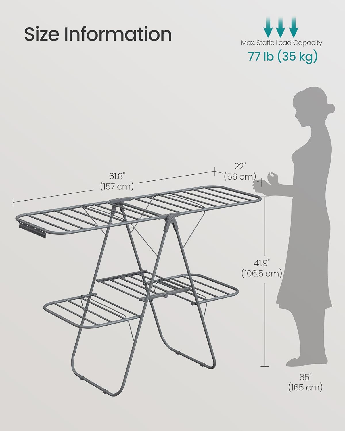 SONGMICS Clothes Drying Rack, Foldable 2-Level Laundry Drying Rack, Free-Standing Laundry Airer, with Height-Adjustable Wings, 33 Drying Rails, Sock Clips, Gray ULLR053G02V1 - NestledHome