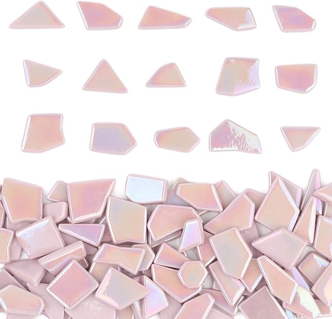 Youway Style Iridescent Glass Mosaic Tiles for Crafts Bulk,200g Pink Broken Mosaic Glass Pieces for Garden Crafts Kits,DIY Mosaic Art Decor