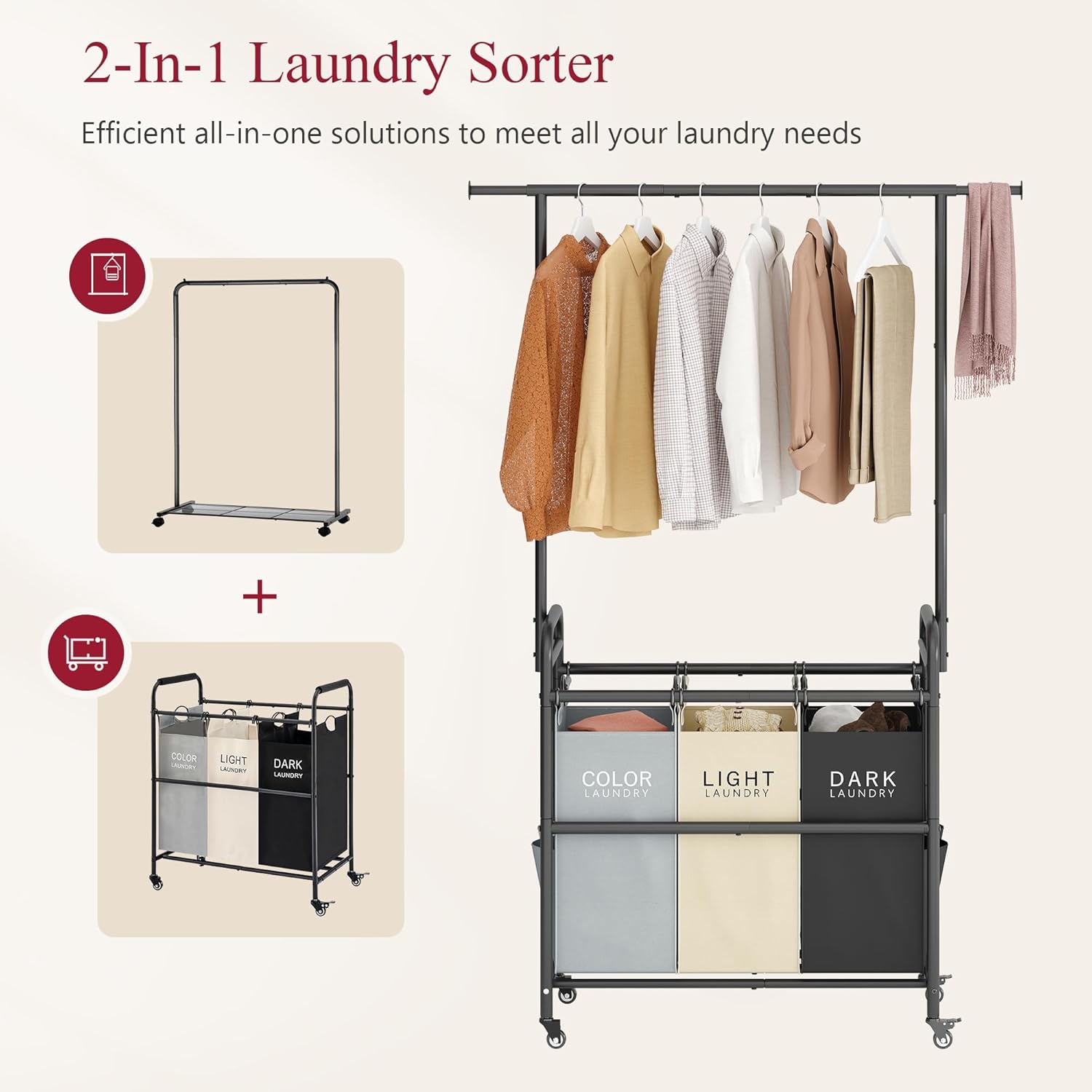 Tajsoon Laundry Sorter Cart with Hanging Clothes Rack, 3 Butler Sorter Basket Organizer, Laundry Hamper Cart with Heavy Duty Rolling Lockable Wheels, 3 Colors - NestledHome