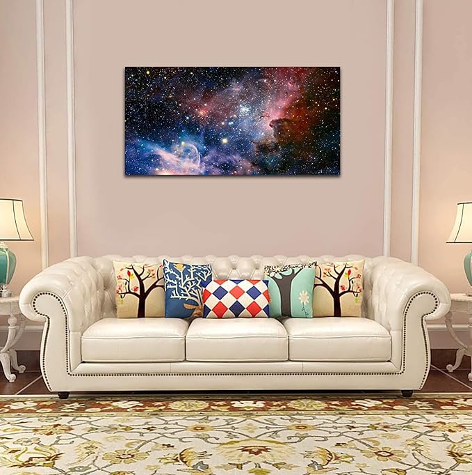 Canvas Wall Art Galaxy Nebula Starry Cosmic Painting Pictures Panoramic Canvas Arotwork Universe Stars Outer Space Wall Art for Home Office Decoration Framed Ready to Hang 24" x 48"