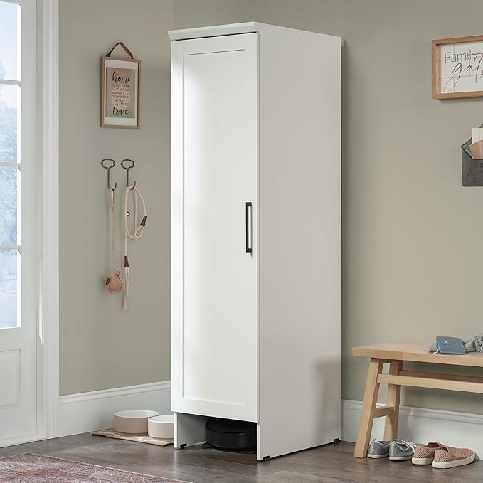 Sauder Homeplus Robot Vacuum Kitchen Pantry Storage Cabinet, Single Door with Adjustable Shelves, in Soft White