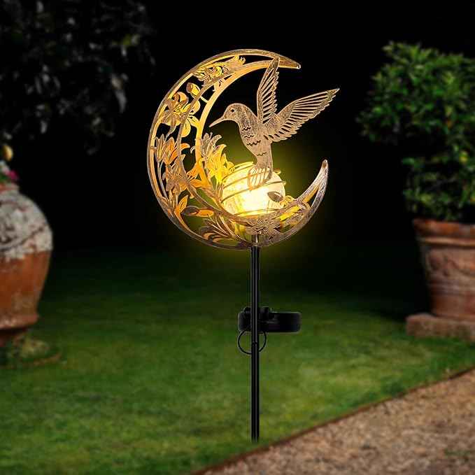 Solar Hummingbird Garden Gifts for mom/Grandma/Women,Lights Outdoor Decor - Moon & Bird SolaGardenLights Waterproof, Auto On/Off Pathway Lighting for Yard/Lawn/Patio,Thanksgiving Day
