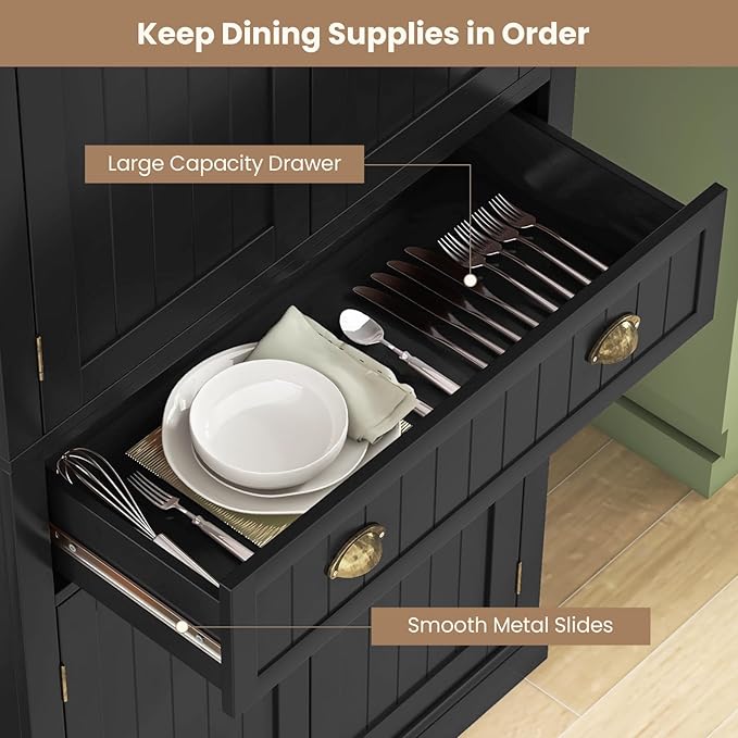 Nightcore Freestanding Kitchen Pantry Cupboard, 6ft Wood Cupboard w/ 4 Adjustable Shelves, 2 Wood Pantries, & 1 Drawer, Utility Storage Cabinet for Kitchen, Hallway, Living Room, Bathroom (Black)