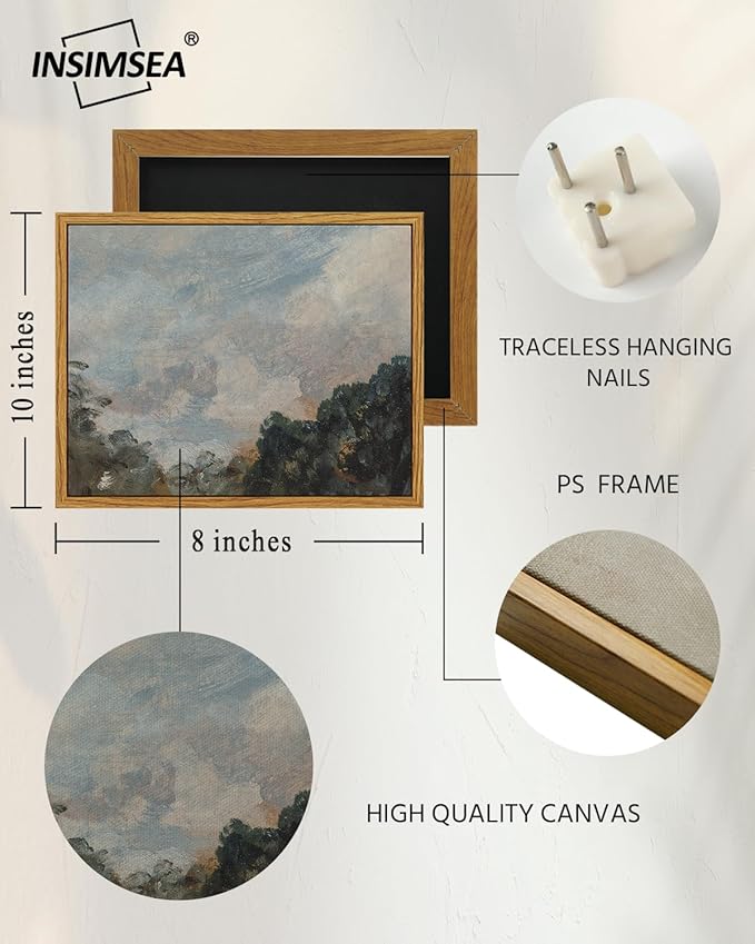 InSimSea Framed Canvas Print Art, Vintage Impressionist Landscape Painting, Rustic Farmhouse Cottage Decor for Hallway Wall Floating Shelf Desk Vanity Fireplace, 10x8in, Soft Blue Tones