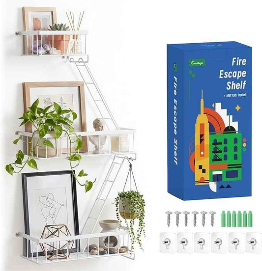 Fire Escape Wall Shelf White - Modern New York City Wall Decorative Display Ladder Floating Shelves for Bedroom, Home Décor, Action Figure Display (2.5-Tier)