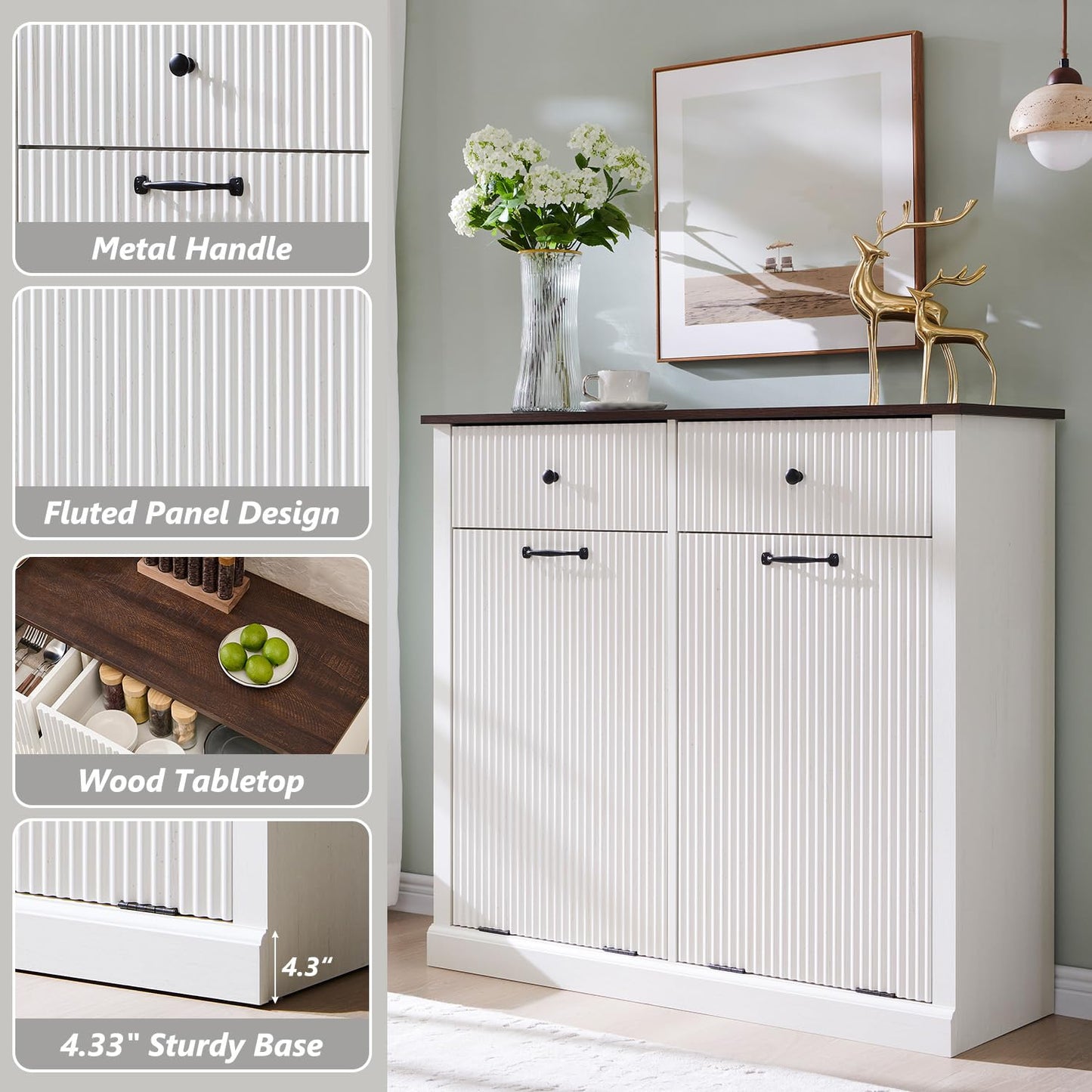 Modern Double Tilt-Out Trash Cabinet, 20 Gallon Fluted Laundry Hamper Cabinet w/2 Drawers, Wooden Hidden Garbage Can Cabinets with Storage Basket,Free Standing for Kitchen & Living Room, White - NestledHome