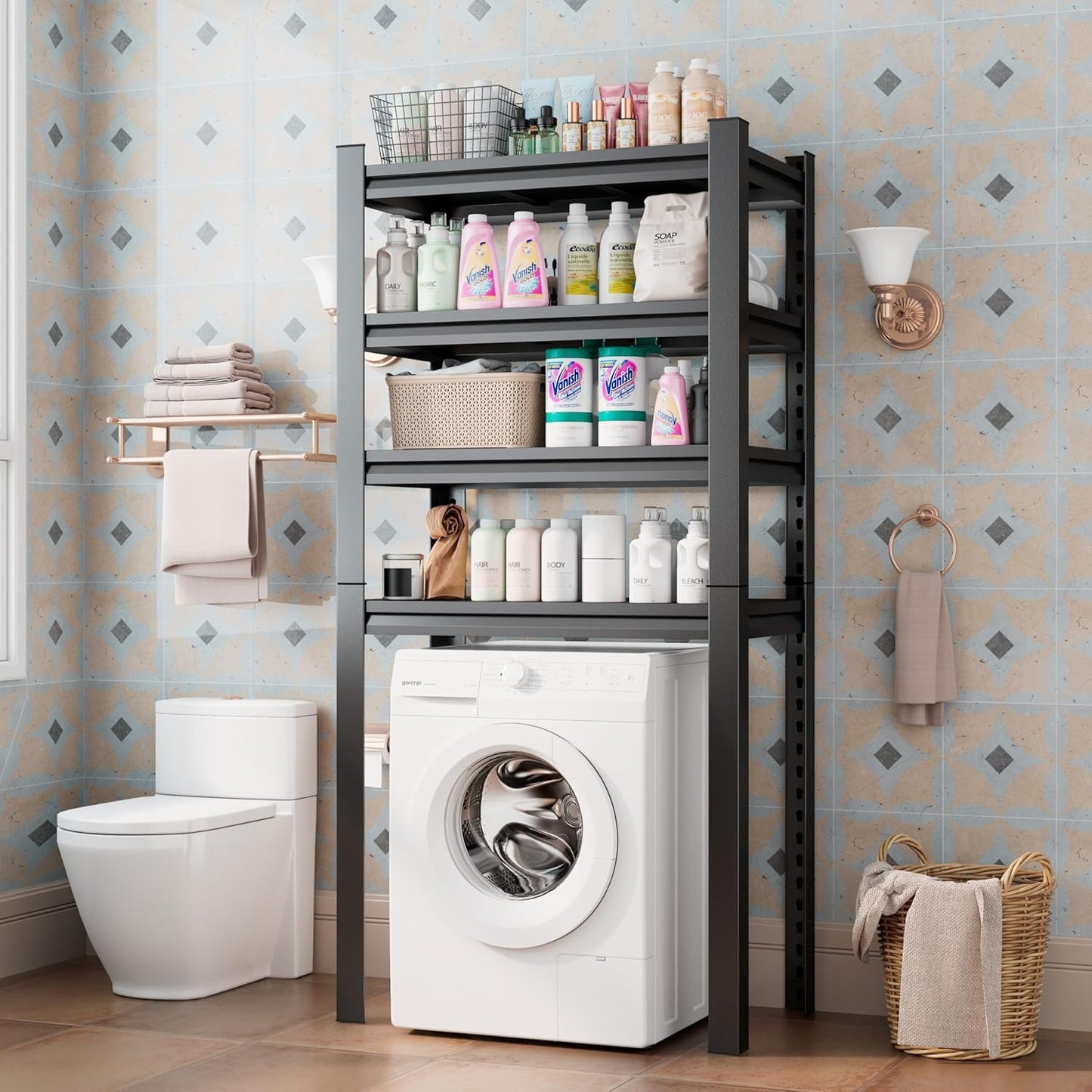 Upgraded Over The Toilet and Washer Storage Shelf,4 Tiers Laundry Room Standing Shelf,Bathroom Storage and Organizer Rack,Laundry Room Space Saver with Adjustable Shelves,39" W x 14" D x 63" H, Black - NestledHome