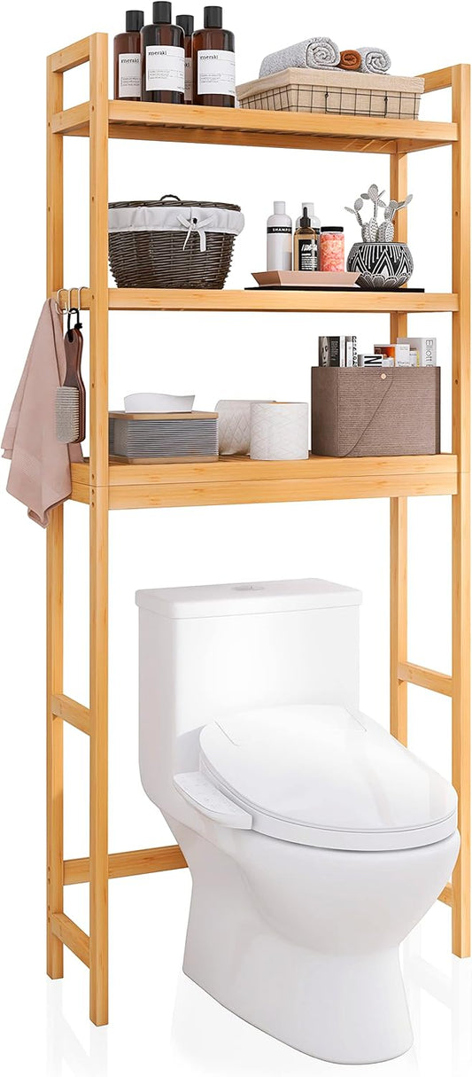 SMIBUY Bathroom Storage Shelf, Bamboo Over-The-Toilet Organizer Rack, Freestanding Toilet Space Saver with 3-Tier Adjustable Shelves (Natural) - NestledHome