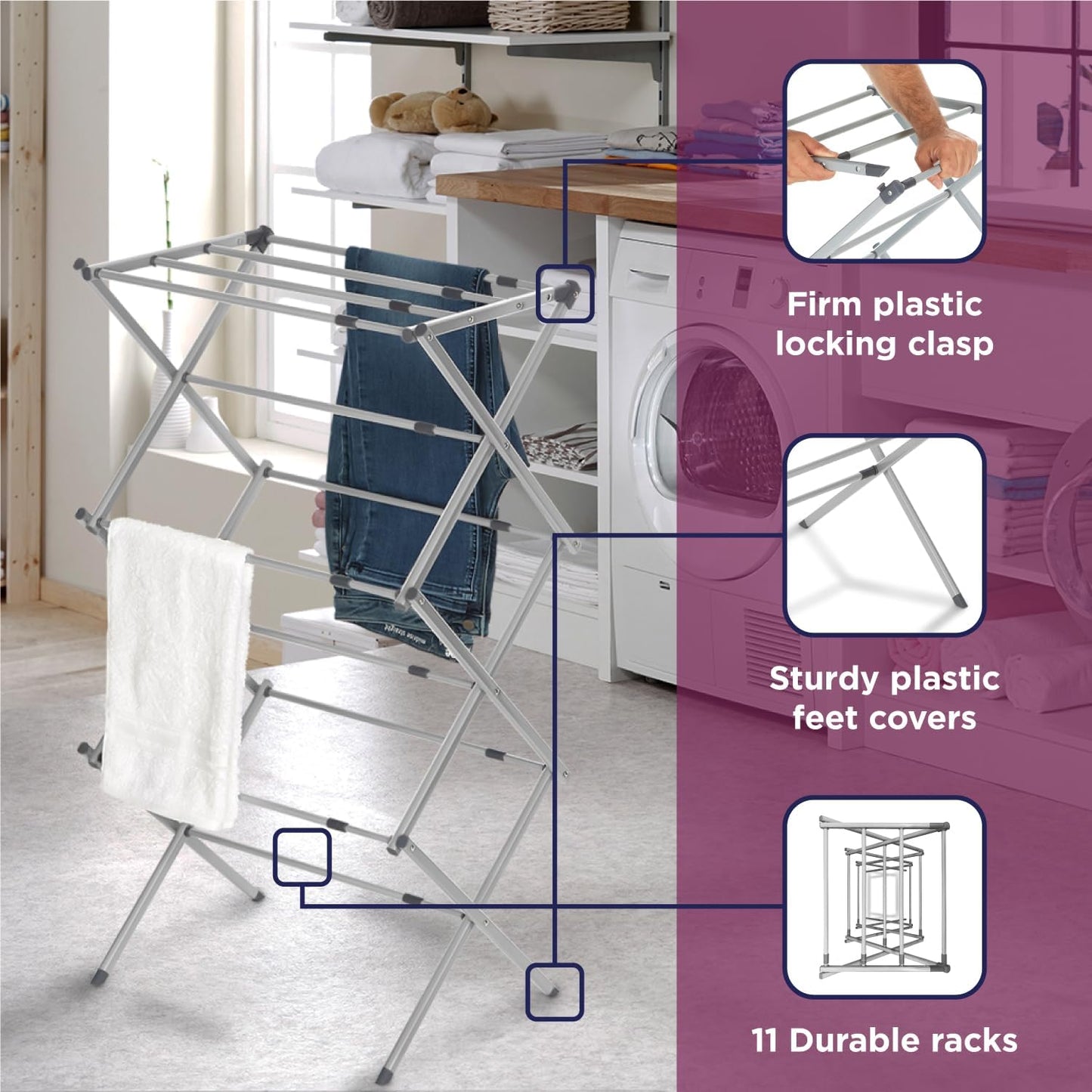 BLACK+DECKER Laundry Organization Expandable/Collapsible Clothes Drying Rack. Essential for Camping/Trailers or Anywhere You Air Dry Laundry. Oversized for Multiple Garments, (Grey) - NestledHome
