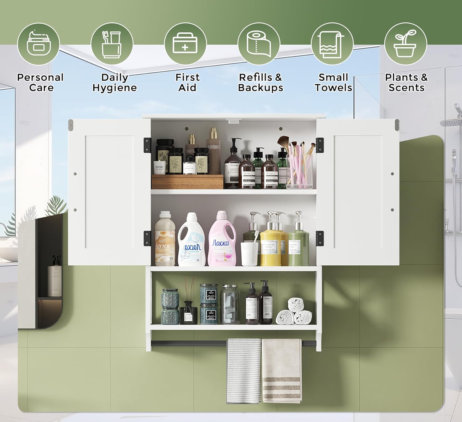 Bathroom Cabinet Wall Mounted, White Bathroom Wall Cabinets with Towel Bar and 2 Doors, Wooden Medicine Cabinet with Adjustable Shelf, Open Storage - NestledHome