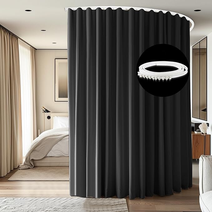 Room Divider Curtains Ceiling Mounted Track Sets Extra Wide Blackout Curtain Flexible Tracks for Bedroom Privacy Partition Separator, 1 Panel Black Drape and White Rail, W8.3 x H7ft