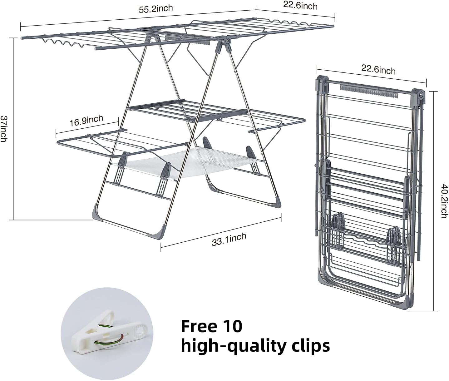 Clothes Drying Rack, Foldable 2-Level Laundry Racks for Drying Clothes Rack,Stainless Steel Drying Rack Clothing Collapsible for Indoor Outdoor,with Height-Adjustable Wings,33 Drying Rails,Gray - NestledHome