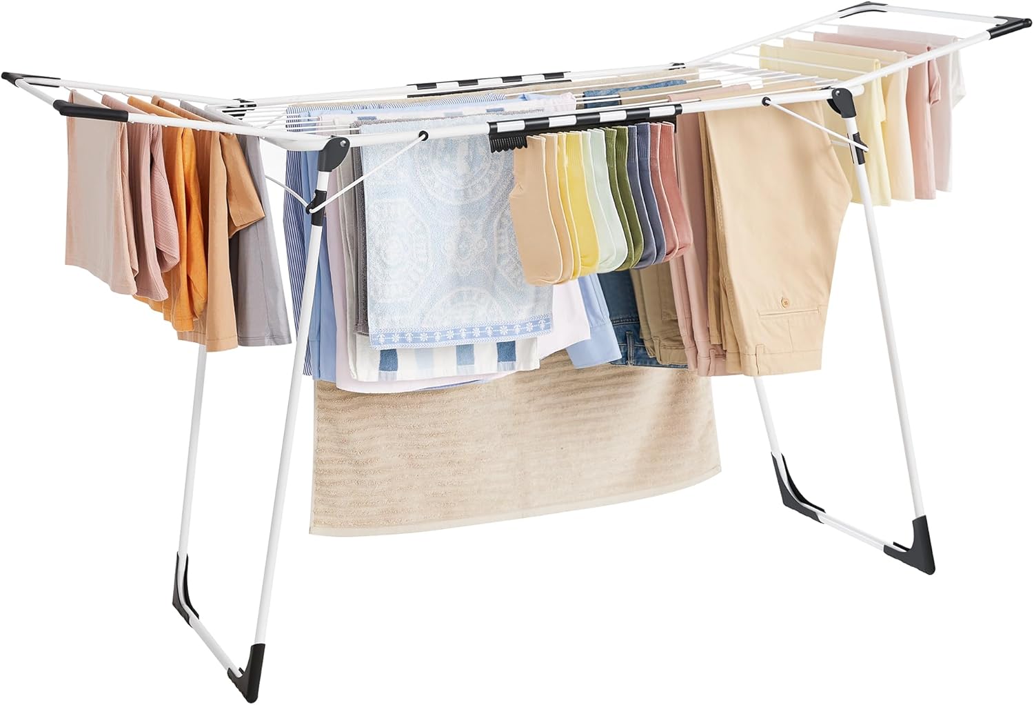 SONGMICS Clothes Drying Rack Foldable, Gullwing Laundry Drying Rack, Space-Saving, 22.2 x 68.1 x 38 Inches, Sock Clips, Metal Structure, for Clothes, Towels, Linens, Indoor, Outdoor White ULLR518W01 - NestledHome