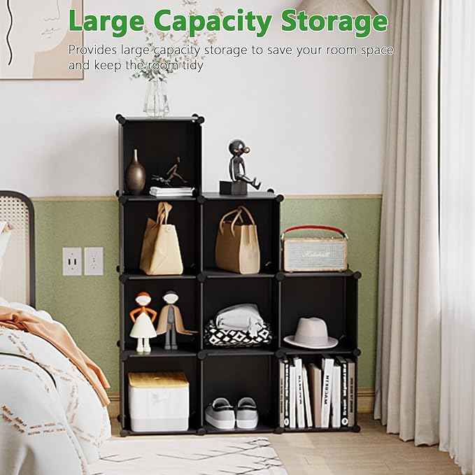 C&AHOME Cube Storage, 9-Cube Bookshelf, Plastic Closet Cabinet Organizer, DIY Stackable Bookcase, Modular Shelving Units Ideal for Home, Office, Kids Room, 36.6" L x 12.4" W x 48.4" H Black SHS3009A