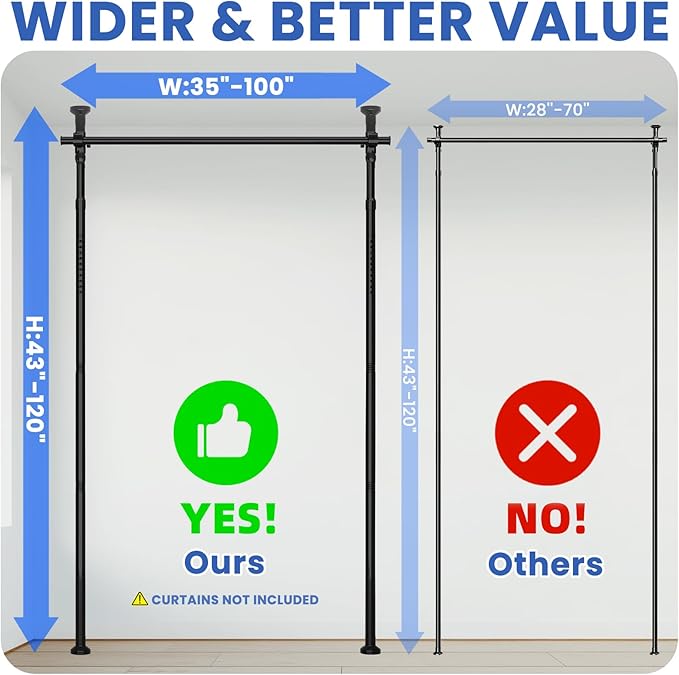 Room Divider Tension Curtain Rods No Drilling Room Separator for Space Partition Adjustable (W) 35-100in×(H) 43-120in, Heavy Duty Temporary Wall Divider Floor to Ceiling Tension Rod, Black, 1 Pack