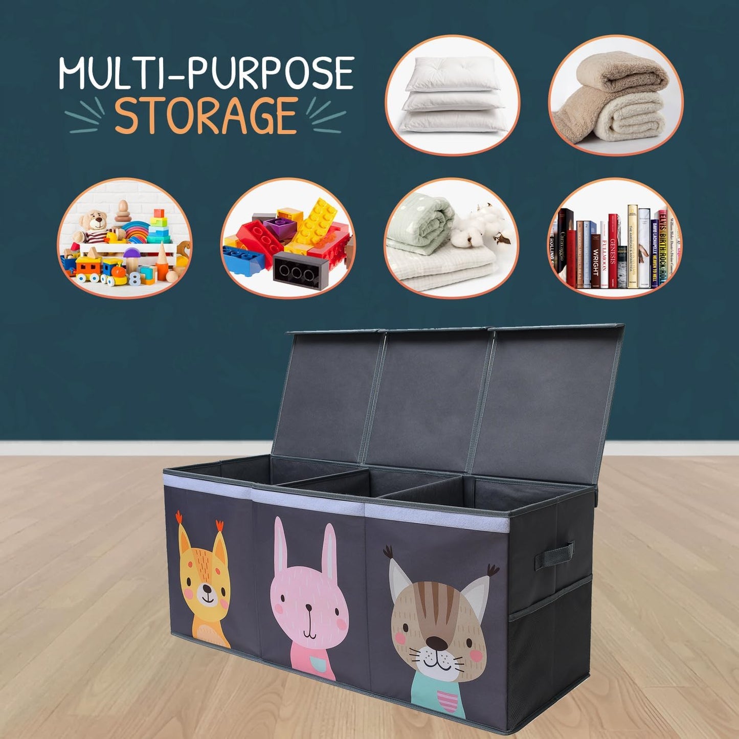 Extra Large Toy Storage Organizer with Lid - Sturdy, Collapsible Toy Chest Storage Box with Cute Design - Toys Bin with Dividers for Kids, Boys, Girls, Nursery, Bedroom, Play room 37"x16"x14" - NestledHome