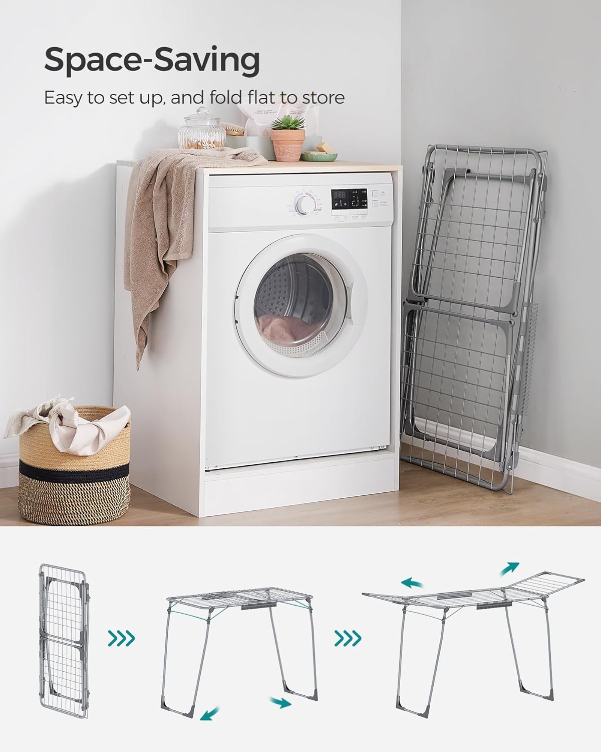 SONGMICS Clothes Drying Rack Foldable, Gullwing Laundry Drying Rack, Space-Saving, 22.2 x 68.1 x 38 Inches, Sock Clips, Metal Structure, for Clothes, Towels, Linens, Indoor, Outdoor Gray ULLR518G01 - NestledHome