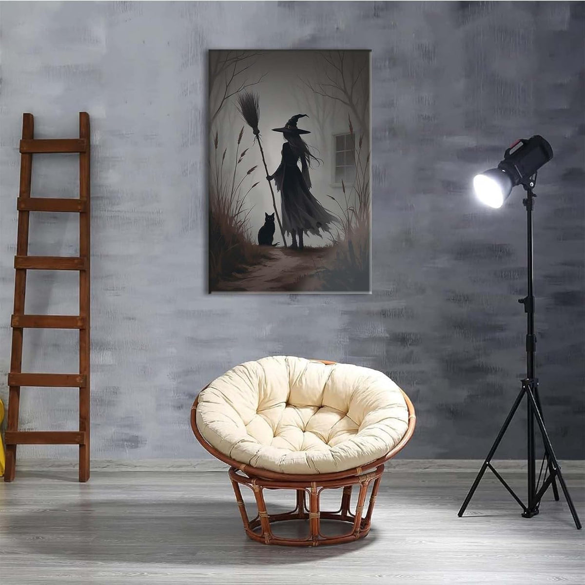 Vintage forest witch and black cat poster Halloween mural poster decoration mural art magic suitable for home living room bedroom8x12in Wood Framed