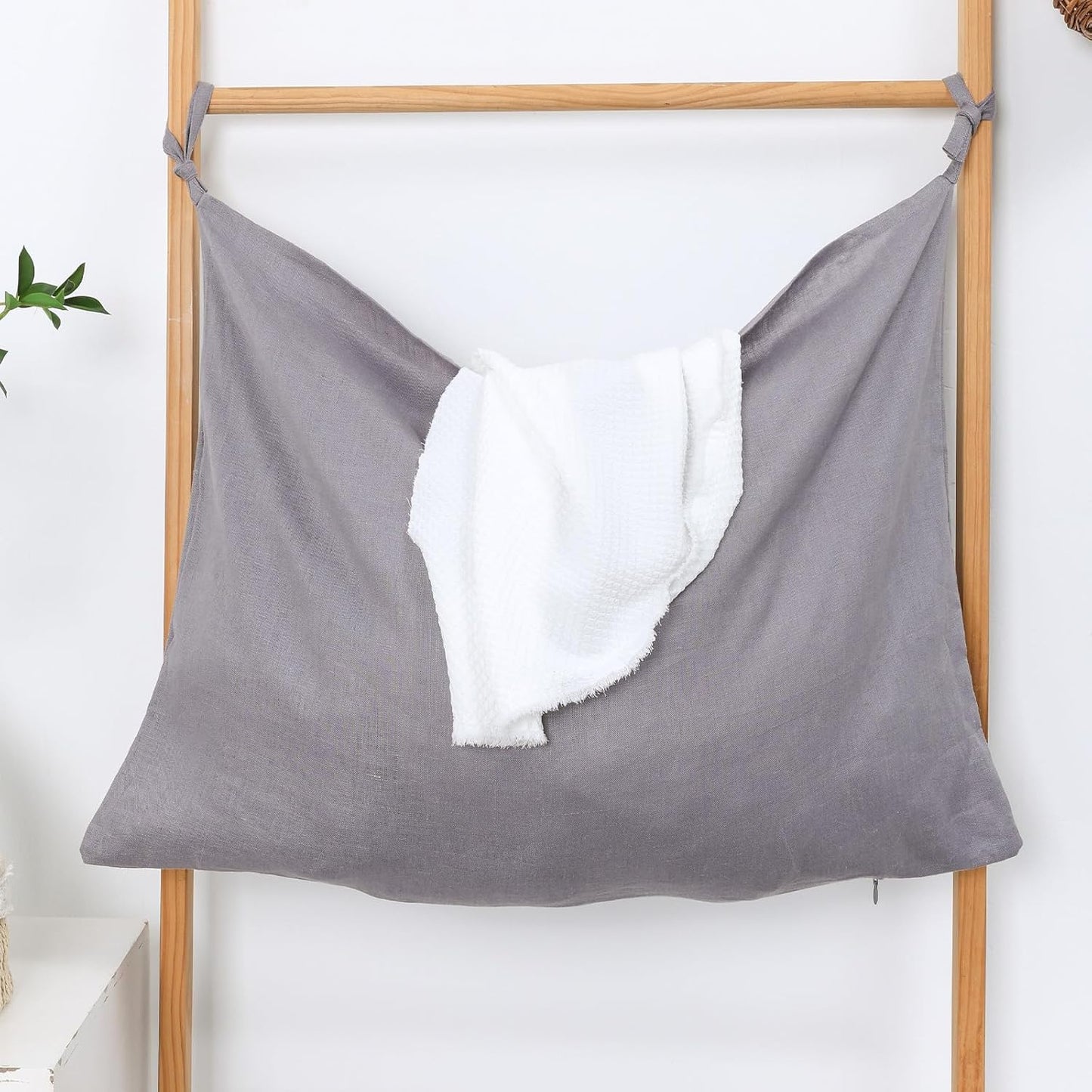 Hanging Linen Laundry Bag, 100% Pure Flax Linen Over The Door Hamper with Bottom Zipper for Laundry Room, Household Dirty Cloth Storage Organizer Bag, Gray - NestledHome