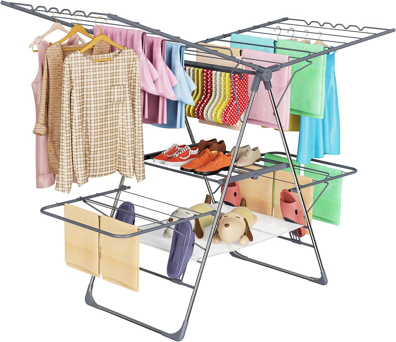 Clothes Drying Rack, Foldable 2-Level Laundry Racks for Drying Clothes Rack,Stainless Steel Drying Rack Clothing Collapsible for Indoor Outdoor,with Height-Adjustable Wings,33 Drying Rails,Gray - NestledHome