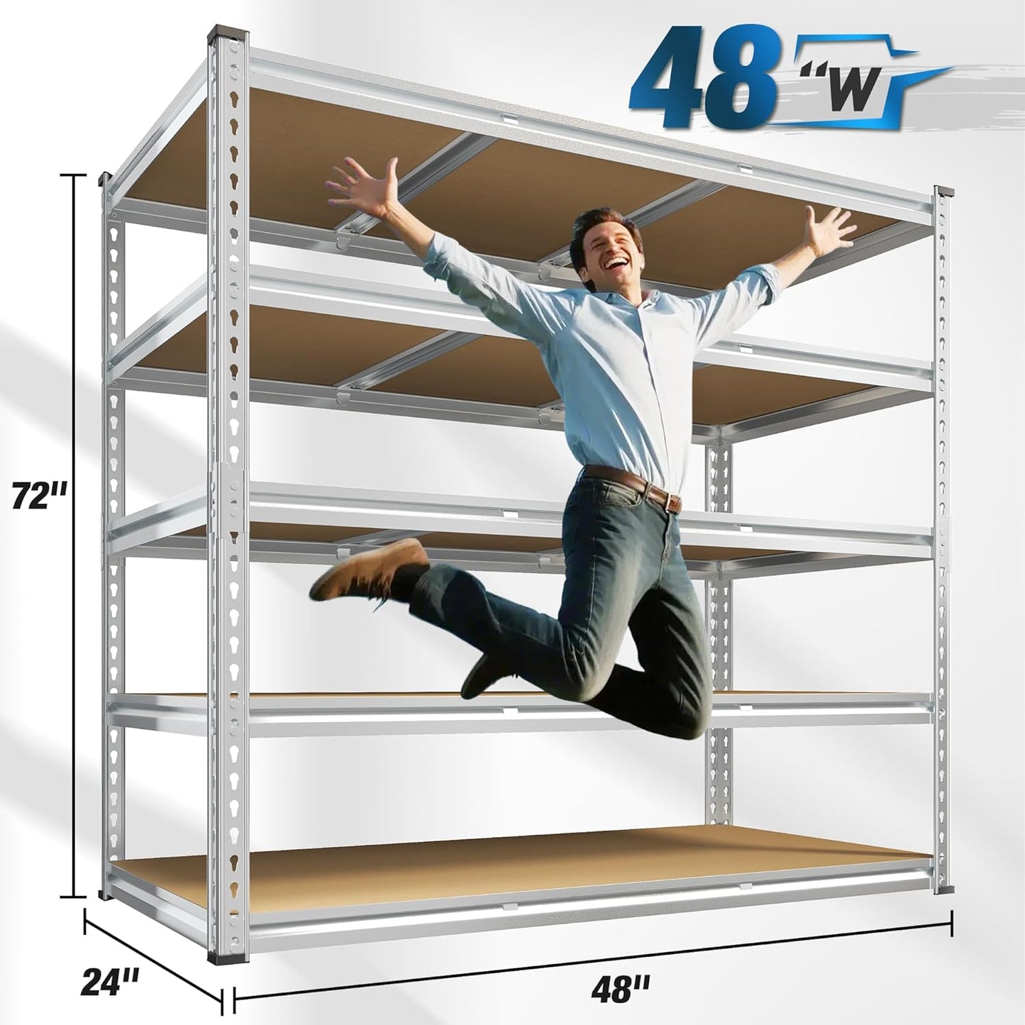 REIBII Garage Shelving, 5 Tier Storage Shelves Load 3020LBS, Adjustable Garage Shelving Heavy Duty, Metal Shelves Unit for Basement, Warehouse, 48" W x 72" H x 24" D, Galvanized - NestledHome