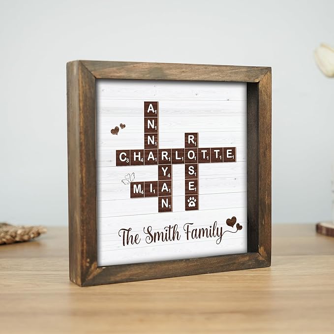 Personalized Family Name Crossword Scrabble Wooden Framed Wall Art Decor Living Room Customized Letters Puzzle for Gift for Lovers, Valentine's Day, Christmas, Birthday, Anniversary