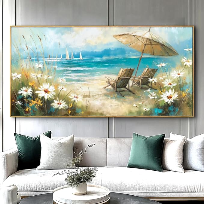 Beach Landscape Wall Art - Framed Modern Canvas Painting for Living Room, Bedroom Home Office Decor, 48x24 Inch Ready to Hang