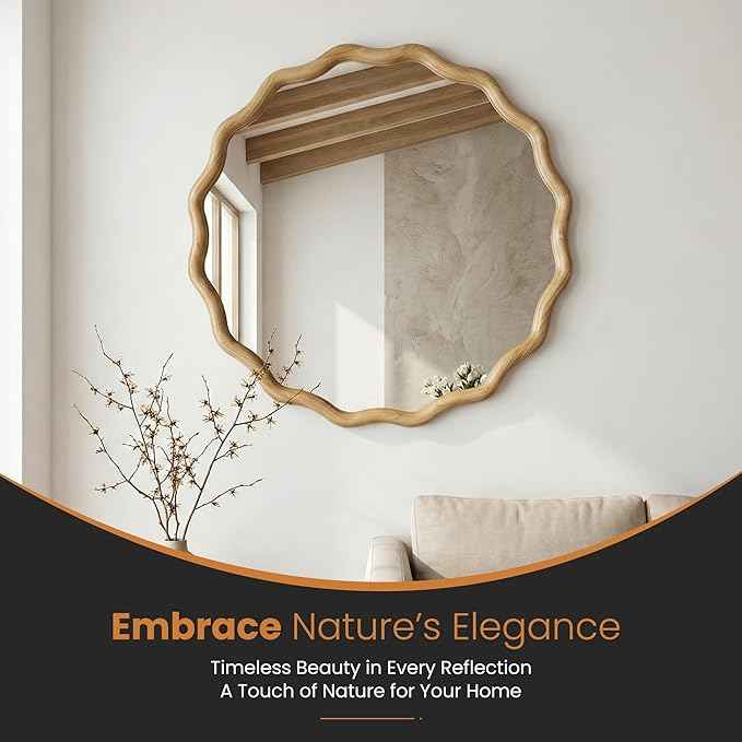 Round Wood Mirrors for Wall, 24" Boho Cirecle Wavy Mirror with Wooden Frame, Decorative Mirror with Tempered Glass, Natural Wooden Frame Vanity Mirror for Bedroom, Living Room, Entryway