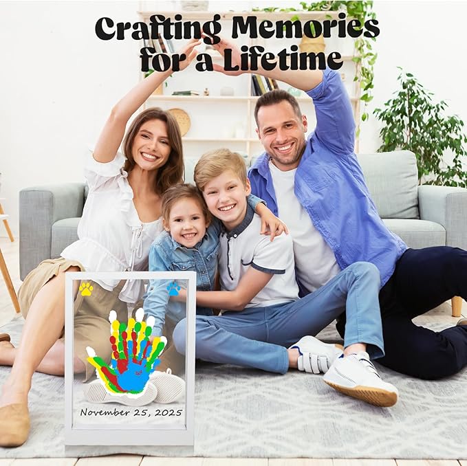 Bixinyo Family Handprint Kit with Light, Baby Hand and Footprint Keepsake Wooden Frame, Family Gifts for Mom, Women, New Parents, Mother's Day, Adoption Gifts, 5 Non-Toxic Paints (Light, White)