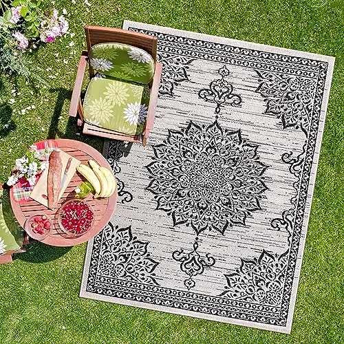 Outdoor Rug 8x10 Medallion White Black Modern Area Rugs for Indoor and Outdoor Patios