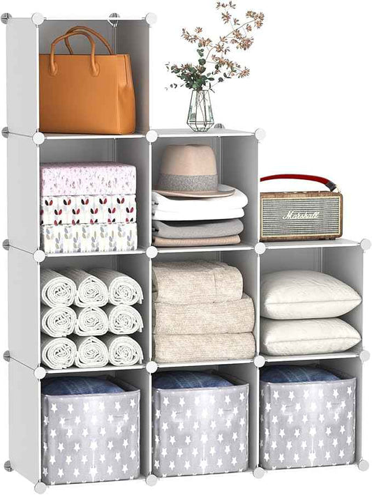 C&AHOME Cube Storage, 9-Cube Bookshelf, Plastic Closet Cabinet Organizer, DIY Stackable Bookcase, Modular Shelving Units Ideal for Home, Office, Kids Room, 36.6" L x 12.4" W x 48.4" H Milky UPCS09M