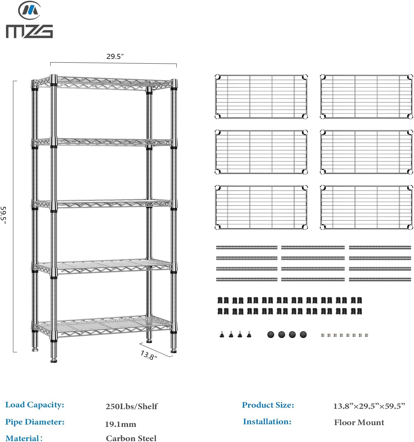 1250 lbs 5 Tier Shelf Metal Storage Shelves Shelving Wire Rack Heavy Duty Closet Organizers for Garage Kitchen Bathroom Laundry Chrome 13.8" D x 29.5" W x 59.5" H - NestledHome