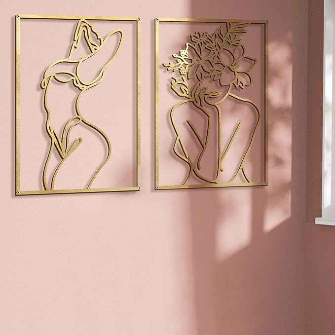 Glamativity 4 Pack Gold Wall Art Decor, Minimalist Single Line Real Metal Wall Art, Woman's Body Shape Abstract Wall Art (Gold Classic Style, 17 x 11.8'')