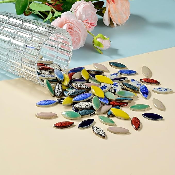 70 Pcs Petal Ceramic Mosaic Tiles, Green, Polished Edge, Cottage Style, Floral Pattern, Glue Down Installation, Suitable for Crafts and Home Decorations