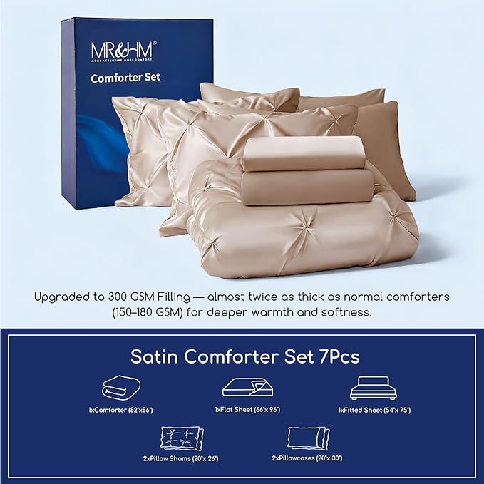 MR&HM Satin Comforter Full 7 Pieces - Luxurious Pinch Pleat Bedding Set with Comforter, Flat Sheet, Fitted Sheet, Pillowcases & Shams, Super Silky Soft Bed Set for All Season (Full, Champagne)