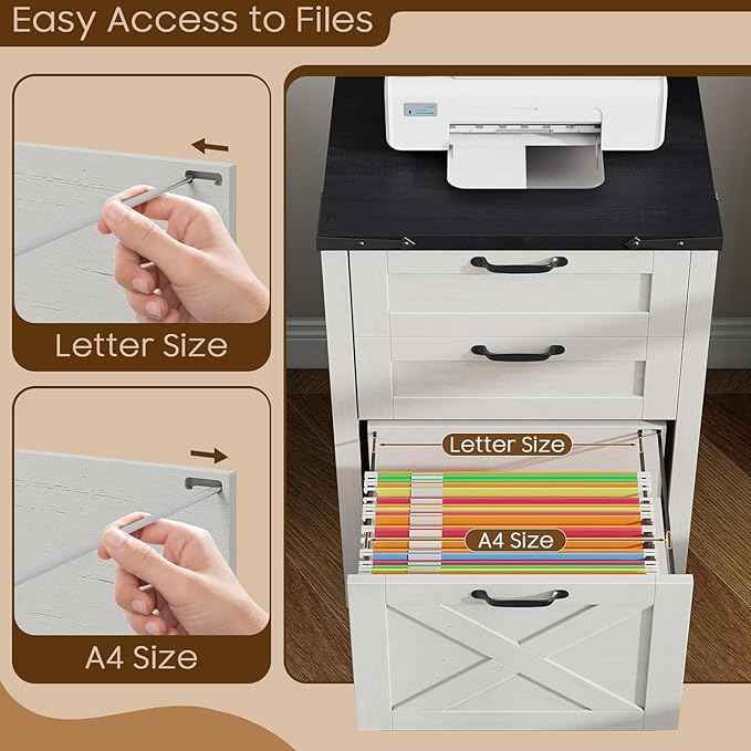 Vabches Vertical File Cabinet with 3 Drawers, Wooden Farmhouse Filing Cabinet for Letter/A4 Size Hanging Files, Under Desk Printer Stand with Storage for Home Office, White and Black